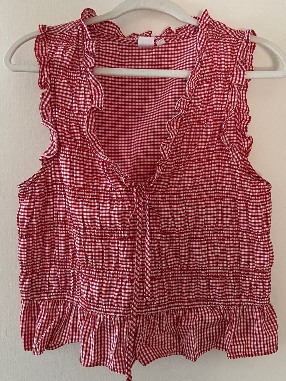 Gap Red Gingham Sleeveless Ruffle Tie-Front Top - Picture 1 of 3